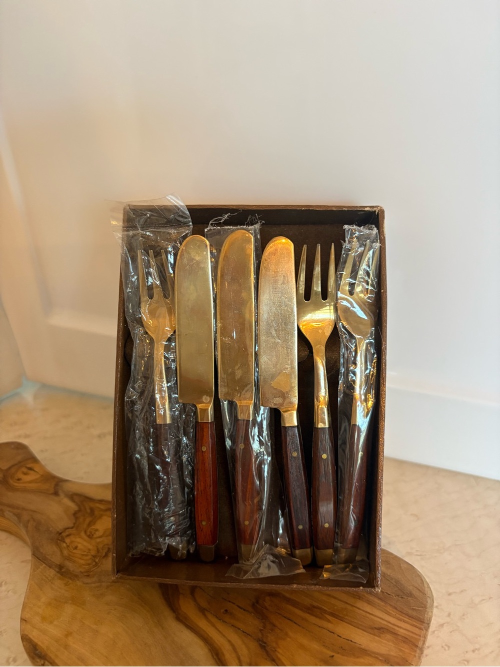 vintage mid-century cocktail or dessert flatware featuring gold-toned